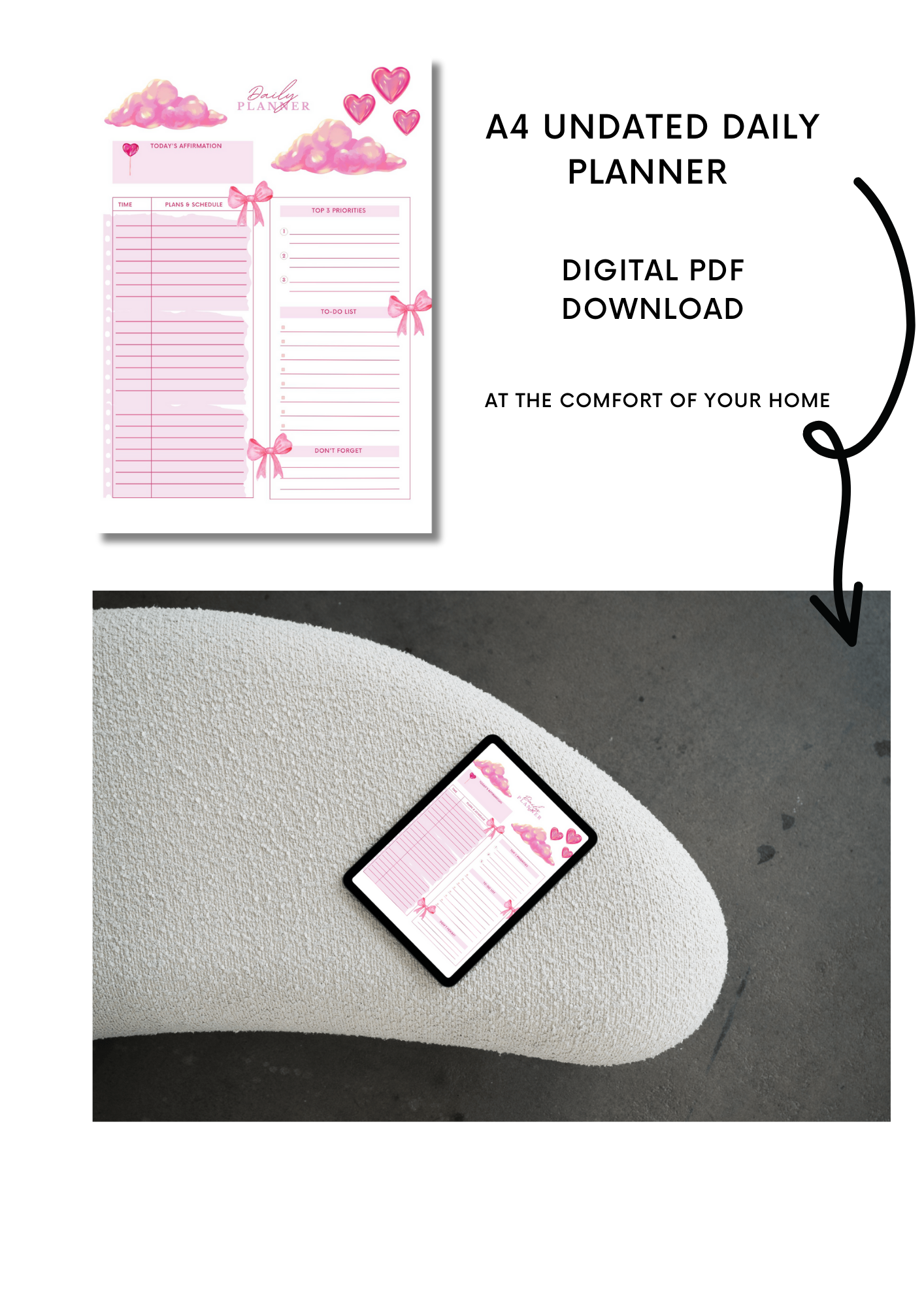 A4 digital Pink daily planner cute aesthetic instant download pink clouds and pink hearts 