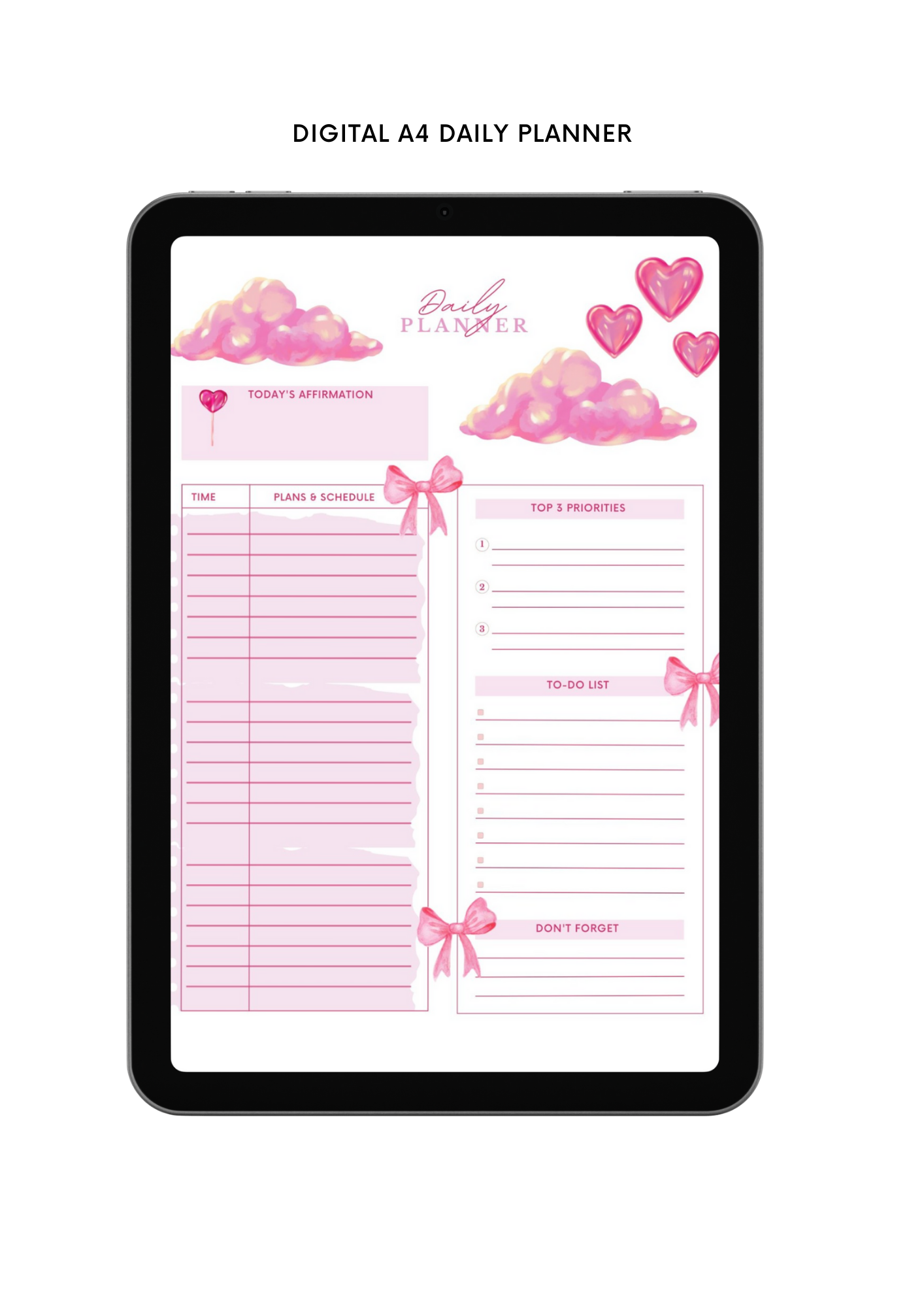 Daily Planner Cute Aesthetic Plan your day and stay organised with this cute pink planner with pink hearts, pink clouds and pink bow tie